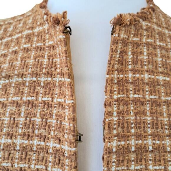 BROOKS BROTHERS Boucle Tweed Fringe Jacket Collarless Blazer Sz 4 Brown Tan Fall - Picture 8 of 10